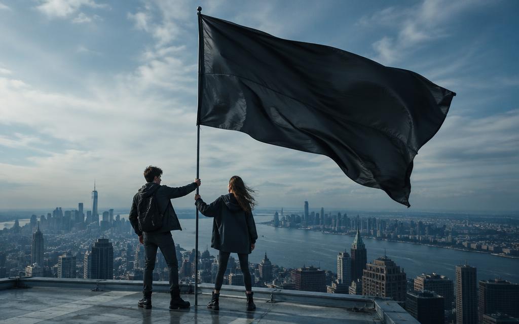 Two friends waving a flag on a skyscraper rooftop